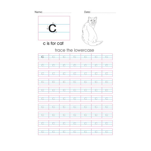 Lowercase c handwriting with arrows worksheet
