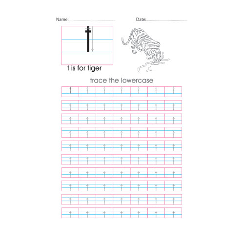 Lowercase t handwriting with arrows worksheet