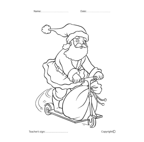 Santa on Scooty Coloring worksheet