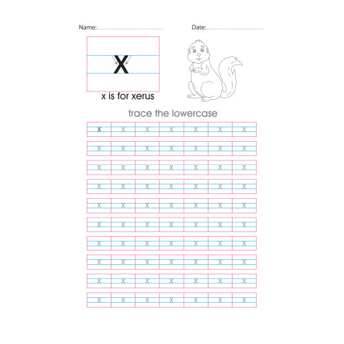 Lowercase x handwriting with arrows worksheet